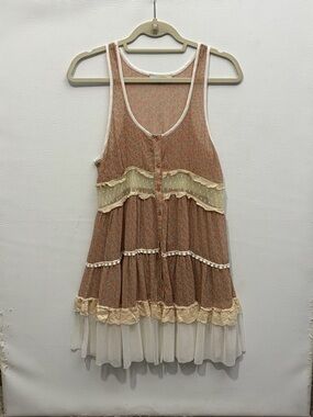 Cecico Boho Tiered CottageCore Pink Rose Blue Floral Tunic Lace Sheer M